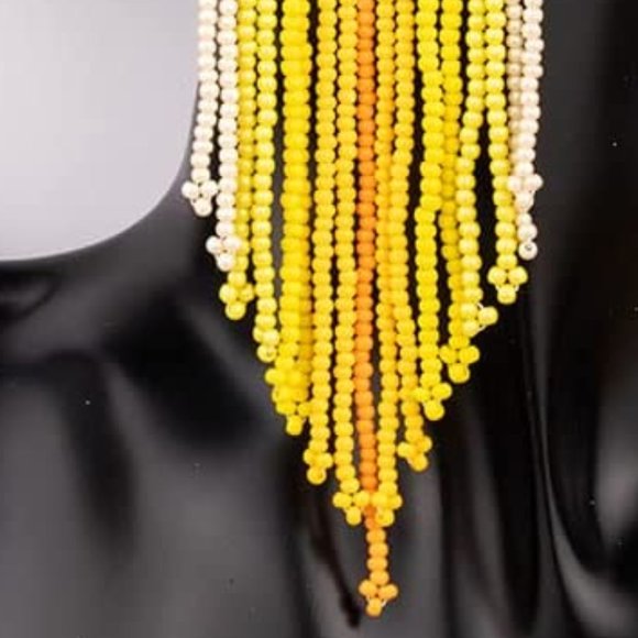 Long 5.5" Yellow Striped Earrings Handmade Oversized Beaded Bohemian Seed Beads - Picture 2 of 6